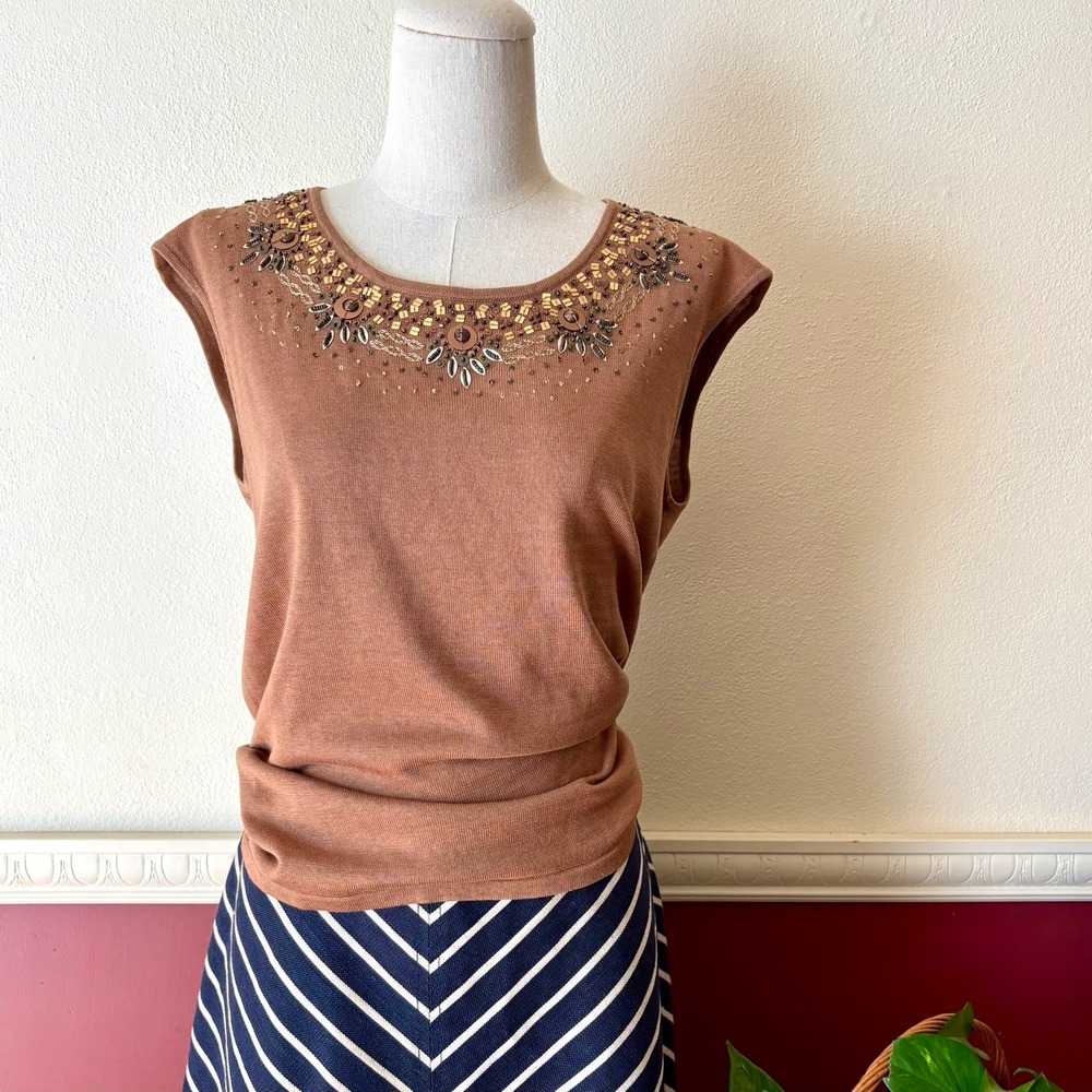 Coldwater Creek Silk Cotton Beaded Knit Top Cocoa Brown Cap Sleeve M Artsy Boho